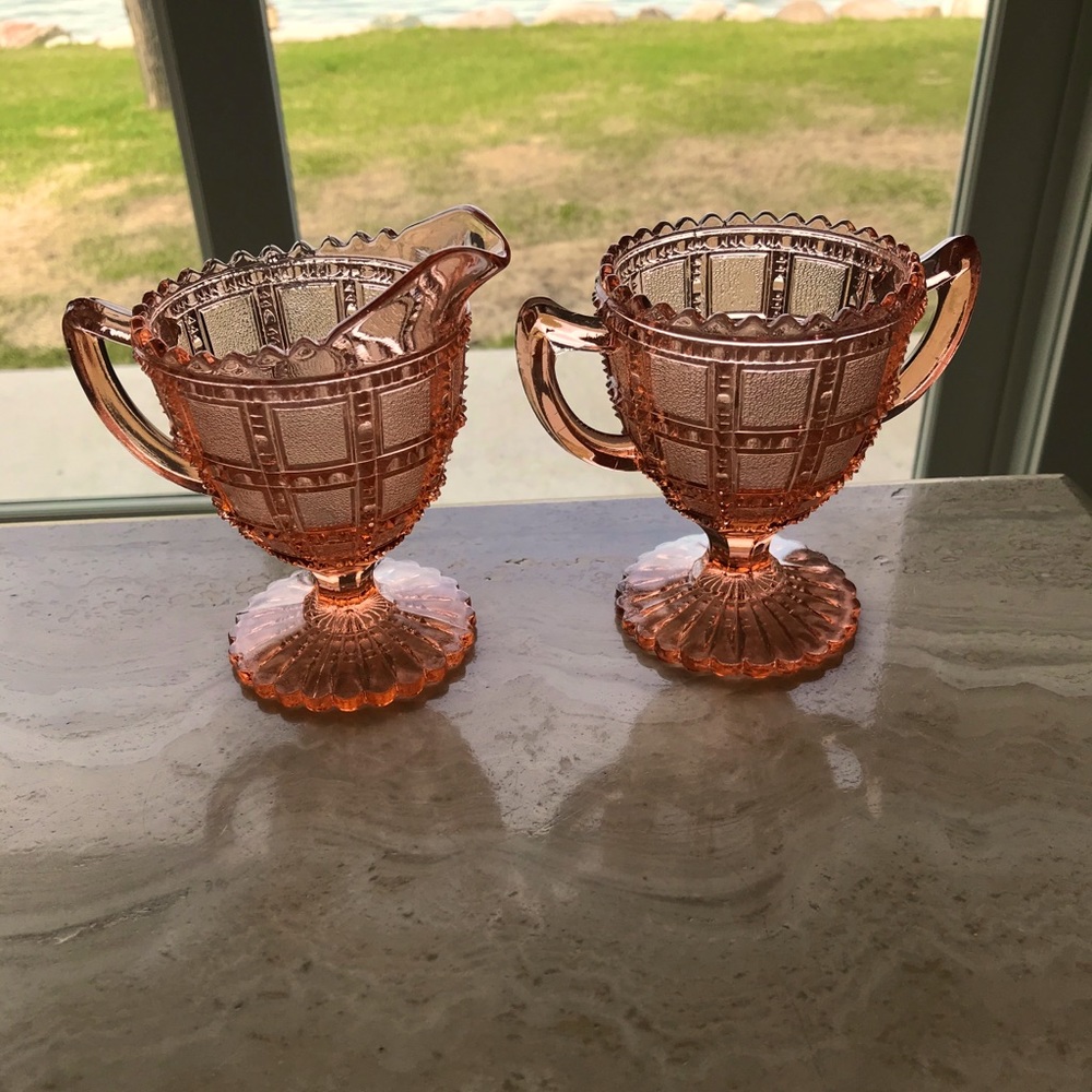 VINTAGE IMPERIAL PINK BEADED BLOCK SUGAR & CREAMER